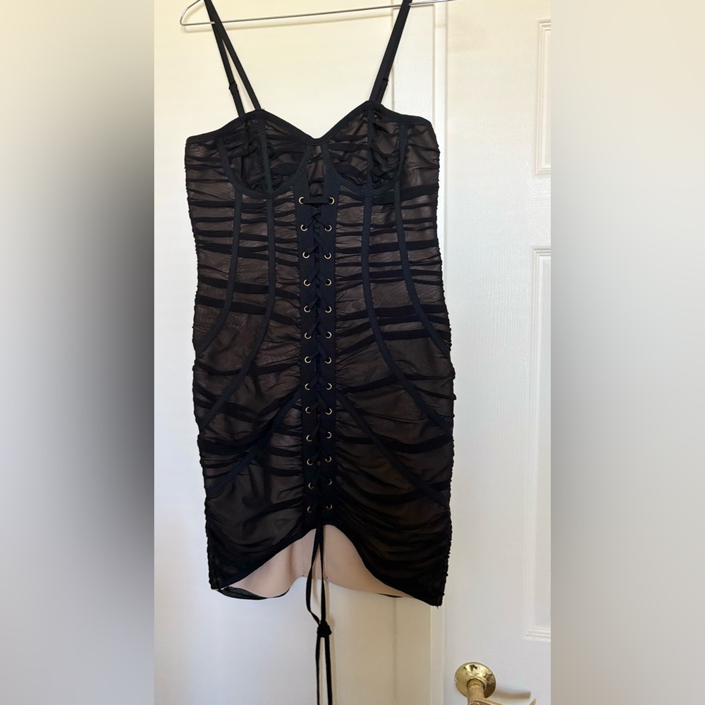AKIRA Black Sheer Lace-Up Bodycon Mini Dress